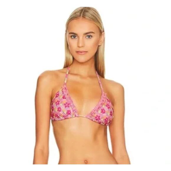 NEW LoveShackFancy Bikini Top Size Medium Pink Floral Triangle Swim Top Ruffle - Picture 1 of 8